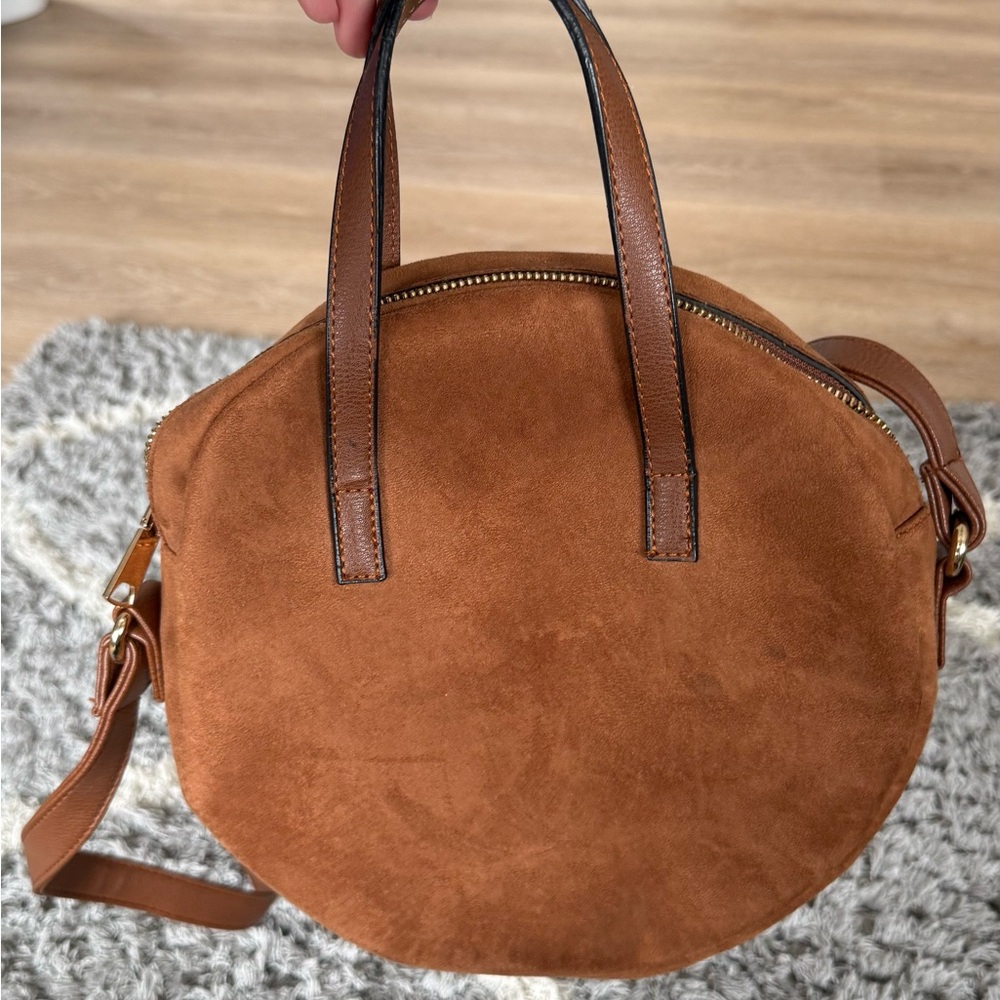 Brown Circular Suede Shoulder Bag with Adjustable Strap